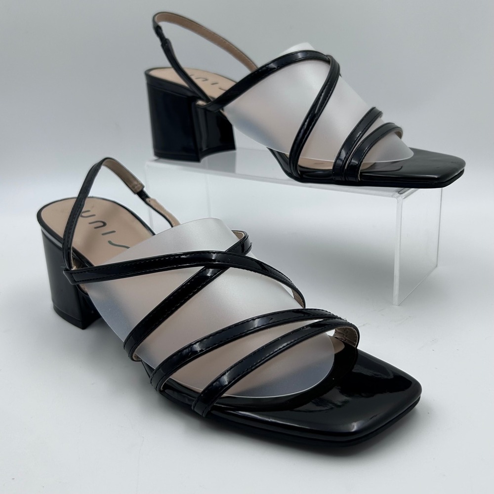 Unisa UNMIKU-T Sandals Womens 9.5M Black Patent Strappy‎ Square Toe Block Heel